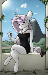 Size: 1000x1575 | Tagged: safe, artist:sinrar, fleur-de-lis, unicorn, anthro, unguligrade anthro, g4, black dress, breasts, clothes, cloud, crossed legs, dress, female, glass, little black dress, looking at you, mare, mountain, sitting, sky, smiling, wine glass