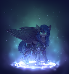 Size: 2994x3208 | Tagged: safe, artist:nightskrill, oc, oc only, oc:key turner, pegasus, pony, armor, bow, commission, constellation, ear fluff, femboy, frown, glare, glowing, glowing eyes, hair bow, high res, looking at you, magic, magic circle, male, neck fluff, night guard, solo, spread wings, stallion, stars, wing fluff, wings, ych result