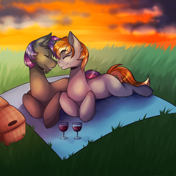 Size: 2000x2000 | Tagged: safe, artist:thelegendaryuniverse, oc, oc only, oc:gallant hymn, oc:night light (male), alcohol, basket, cute, gay, grass, high res, male, nuzzling, ocbetes, picnic, picnic basket, picnic blanket, prone, sunset, wine, ych result