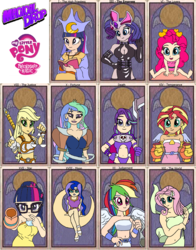 Size: 2051x2616 | Tagged: safe, derpibooru exclusive, applejack, fluttershy, pinkie pie, princess celestia, princess luna, rainbow dash, rarity, sci-twi, starlight glimmer, sunset shimmer, twilight sparkle, equestria girls, g4, bandeau, belly button, breasts, cleavage, clothes, crossover, death, dress, empress, fortune, high priestess, high res, judgement, justice, justitia, lady justice (goddess), magical drop, mane six, midriff, moon, scales of justice, stars, tarot card, temperance, the world, world