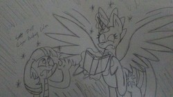Size: 1280x720 | Tagged: safe, artist:derpanater, spike, twilight sparkle, alicorn, dragon, pony, g4, 30 minute art challenge, book, freaking out, hair swap, magic, magical mishap, traditional art, twilight sparkle (alicorn)