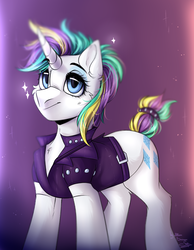 Size: 2100x2700 | Tagged: safe, artist:allisonbacker, rarity, g4, it isn't the mane thing about you, alternate hairstyle, clothes, female, high res, jacket, mare, punk, raripunk, short hair, solo