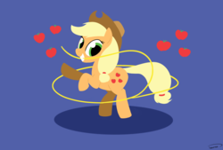Size: 3496x2362 | Tagged: safe, artist:taurson, applejack, earth pony, pony, g4, apple, cowboy hat, female, food, hat, high res, lasso, looking at you, mare, mouth hold, rope, simple background, solo