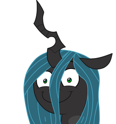 Size: 1400x1495 | Tagged: source needed, safe, artist:denchik, queen chrysalis, changeling, changeling queen, g4, adoracreepy, adorkable, creepy, cute, cutealis, dork, female, rapeface, shrunken pupils, simple background, smiling, white background