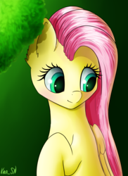 Size: 1727x2376 | Tagged: safe, artist:kirasunnight, fluttershy, pegasus, pony, g4, blushing, bust, cute, female, folded wings, looking away, looking down, portrait, raised hoof, shy, shyabetes, solo, wings