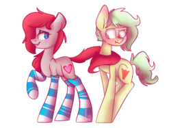 Size: 2732x2048 | Tagged: safe, artist:vanillashineart, oc, oc only, oc:citrine calcite, oc:ponepony, blushing, blushing profusely, clothes, eyes on the prize, eyeshadow, female, flirting, heart eyes, high res, makeup, male, scrunchy face, socks, straight, striped socks, tail wrap, wingding eyes