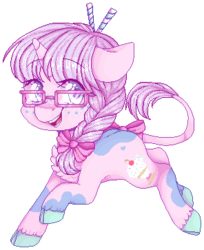 Size: 296x363 | Tagged: safe, artist:shiromidorii, oc, oc only, oc:sugar shake, classical unicorn, pony, unicorn, bow, cloven hooves, female, filly, glasses, horn, leonine tail, pixel art, simple background, solo, tail bow, transparent background, unshorn fetlocks
