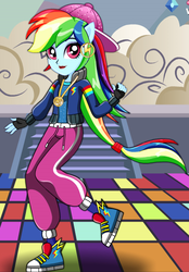 Size: 387x555 | Tagged: safe, artist:glittertiara, rainbow dash, equestria girls, equestria girls specials, g4, my little pony equestria girls: dance magic, clothes, converse, dancing, female, fingerless gloves, gloves, hat, jacket, looking at you, pants, rapper dash, shoes, smiling, sneakers, solo, starsue, wingless