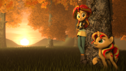 Size: 1920x1080 | Tagged: safe, artist:jarg1994, sunset shimmer, human, pony, unicorn, equestria girls, g4, 3d, autumn, clothes, crossed arms, female, human ponidox, jacket, leaning, looking at each other, mare, raised hoof, scenery, self ponidox, shirt, source filmmaker, sunset, sunset shimmer day, tree