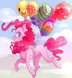 Size: 5111x5513 | Tagged: safe, artist:erinartista, pinkie pie, earth pony, pony, g4, absurd resolution, balloon, chest fluff, cloud, cloudy, female, floating, looking at you, sky, smiling, solo, then watch her balloons lift her up to the sky, underhoof