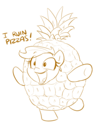 Size: 522x640 | Tagged: safe, artist:shoutingisfun, pony, bipedal, clothes, costume, dialogue, female, food, food costume, generic pony, lineart, mare, monochrome, open mouth, pineapple, pineapple costume, shots fired, simple background, smiling, solo, white background, wide eyes