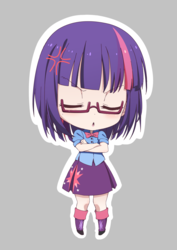 Size: 2480x3508 | Tagged: safe, artist:ogebo-go, twilight sparkle, equestria girls, g4, alternate hairstyle, anime, chibi, clothes, cross-popping veins, crossed arms, eyes closed, female, glasses, gray background, high res, short hair, simple background, solo, sticker