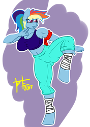 Size: 2480x3507 | Tagged: safe, artist:tatemil, rainbow dash, anthro, unguligrade anthro, g4, alternate hairstyle, breasts, busty rainbow dash, clothes, high res, ponytail, street fighter