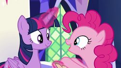 Size: 1280x720 | Tagged: safe, screencap, pinkie pie, twilight sparkle, alicorn, earth pony, pony, not asking for trouble, cute, diapinkes, female, happy, looking at each other, magic, mare, open mouth, twiabetes, twilight sparkle (alicorn)