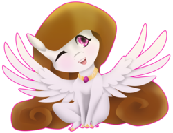 Size: 1024x790 | Tagged: safe, artist:oneiria-fylakas, oc, oc only, pegasus, pony, chibi, female, mare, one eye closed, simple background, sitting, solo, spread wings, transparent background, wings, wink