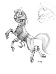 Size: 950x1242 | Tagged: safe, artist:baron engel, oc, oc only, oc:blue streak (goldfur), armor, grayscale, helmet, looking at you, male, monochrome, pencil drawing, simple background, sketch, smiling, solo, stallion, traditional art, white background