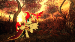 Size: 1920x1080 | Tagged: safe, artist:powdan, philomena, sunset shimmer, alicorn, phoenix, pony, g4, 3d, alicornified, autumn, female, gmod, mare, race swap, shimmercorn, smiling, sunset shimmer day, tree