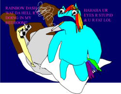 Size: 1744x1352 | Tagged: safe, artist:jacobfoolson, derpy hooves, rainbow dash, g4, 1000 hours in ms paint, abuse, bed, bedroom, bedtime, breaking and entering, crime, derpybuse, fat, insult