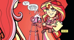 Size: 909x490 | Tagged: safe, idw, official comic, fluttershy, sunset shimmer, equestria girls, g4, my little pony annual 2013, spoiler:comic, camera, clipboard, the end