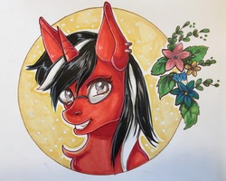 Size: 3588x2874 | Tagged: safe, artist:stardust, oc, oc only, oc:rosalia, pony, unicorn, bust, commission, female, flower, glasses, high res, looking at you, mare, marker drawing, piercing, red and black oc, smiling, solo, traditional art, ych result