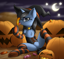 Size: 2100x1950 | Tagged: safe, artist:cottondraws, oc, oc only, oc:tinker doo, pony, unicorn, butt, candy, clothes, dock, female, food, glasses, hat, lollipop, looking at you, moon, ocbetes, plot, pumpkin, rule 63, sexy, socks, solo, striped socks, tail, witch, witch hat
