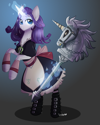 Size: 2490x3108 | Tagged: safe, artist:worldlofldreams, rarity, pony, unicorn, g4, alice: madness returns, boots, clothes, costume, crossover, cute, dress, female, glowing horn, gradient background, high res, hobby horse, horn, magic, mare, raribetes, rearing, shoes, solo, telekinesis