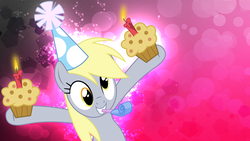 Size: 1920x1080 | Tagged: safe, artist:floppychiptunes, derpy hooves, pegasus, pony, g4, birthday candles, candle, female, food, hat, mare, muffin, party hat, party horn, smiling, solo, wallpaper
