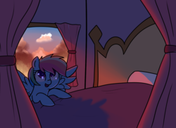 Size: 1401x1022 | Tagged: safe, artist:neuro, rainbow dash, pegasus, pony, g4, backlighting, bed, cute, dashabetes, female, looking up, open mouth, solo, spread wings, wings