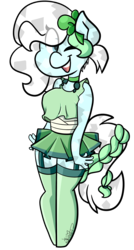 Size: 2143x4000 | Tagged: safe, artist:befishproductions, oc, oc only, oc:azur lachrimae, crystal pony, anthro, unguligrade anthro, clothes, female, garter belt, garters, high res, mare, one eye closed, shirt, simple background, skirt, solo, stockings, thigh highs, transparent background, wink