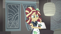 Size: 1136x640 | Tagged: safe, screencap, sunset shimmer, equestria girls, g4, good vibes, my little pony equestria girls: summertime shorts, alternate hairstyle, canterlot mall, female, food, solo, sunset sushi, sushi