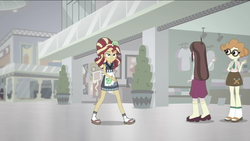Size: 1136x640 | Tagged: safe, screencap, scribble dee, sunset shimmer, velvet sky, equestria girls, g4, good vibes, my little pony equestria girls: summertime shorts, alternate hairstyle, background human, canterlot mall, geta, sandals, sunset sushi