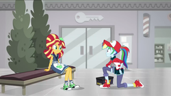 Size: 1136x640 | Tagged: safe, screencap, rainbow dash, sunset shimmer, equestria girls, g4, good vibes, my little pony equestria girls: summertime shorts, alternate hairstyle, canterlot mall, clothes, converse, duo, female, kneeling, shoes, sitting, sneakers, sunset sushi