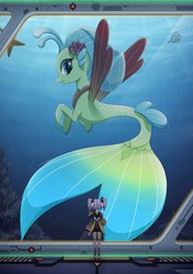 Size: 1915x2715 | Tagged: safe, artist:liu ting, princess skystar, spike, human, puffer fish, seapony (g4), starfish, g4, my little pony: the movie, blue eyes, blue mane, bubble, crepuscular rays, crossover, cute, digital art, dorsal fin, female, fin, fin wings, fins, fish tail, flower, flower in hair, flowing mane, flowing tail, giant seapony, jewelry, looking at you, looking back, macro, necklace, ocean, open mouth, pearl necklace, pixiv, size difference, smiling, species swap, spike the pufferfish, sunlight, swimming, tail, underwater, water, we gonna need a bigger boat, wings