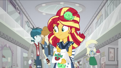 Size: 1136x640 | Tagged: safe, screencap, derpy hooves, sunset shimmer, thunderbass, valhallen, equestria girls, g4, good vibes, my little pony equestria girls: summertime shorts, background human, canterlot mall, cupcake, food, sunset sushi, sushi