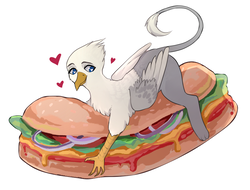 Size: 1122x852 | Tagged: safe, artist:ilassal, oc, oc only, oc:der, griffon, food, male, micro, sandwich, solo