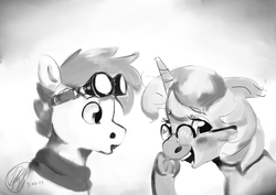 Size: 1754x1240 | Tagged: safe, artist:toisanemoif, oc, oc only, pony, unicorn, clothes, female, glasses, goggles, grayscale, mare, monochrome, open mouth, scarf, talking