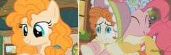 Size: 2121x688 | Tagged: artist needed, source needed, safe, screencap, bow bonnet, pear butter, pinkie pie, g4, comparison, conspiracy, headcanon, ponk, the little redheaded mare, theory