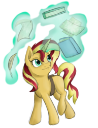 Size: 1350x1750 | Tagged: dead source, safe, artist:theshadowstone, sunset shimmer, pony, unicorn, g4, book, female, levitation, magic, mare, paper, quill, simple background, solo, sunset shimmer day, telekinesis, transparent background