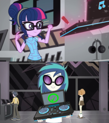 Size: 1920x2160 | Tagged: safe, screencap, dj pon-3, micro chips, sci-twi, scribble dee, twilight sparkle, vinyl scratch, equestria girls, g4, good vibes, my little pony equestria girls: summertime shorts, magic, telekinesis, turntable