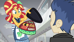 Size: 1920x1080 | Tagged: safe, screencap, flash sentry, sunset shimmer, octopus, puffer fish, eqg summertime shorts, equestria girls, g4, good vibes, alternate hairstyle, apron, bento, clothes, food, happi, inari, rice, sunset sushi, sushi