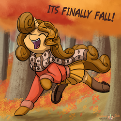 Size: 2000x2000 | Tagged: safe, artist:floofyfoxcomics, oc, oc only, oc:autumn science, pony, unicorn, autumn, clothes, coat, cute, eyes closed, female, forest, happy, high res, mare, open mouth, scarf, solo, tree