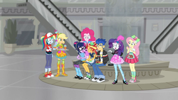 Size: 1920x1080 | Tagged: safe, screencap, applejack, flash sentry, fluttershy, pinkie pie, rainbow dash, rarity, sci-twi, sunset shimmer, twilight sparkle, equestria girls, g4, good vibes, my little pony equestria girls: summertime shorts, alternate hairstyle, baseball cap, best friends, cap, converse, escalator, food, fountain, hat, humane five, humane seven, humane six, mall, ponytail, shoes, smoothie, sneakers, sunset sushi, sushi, zettai ryouiki