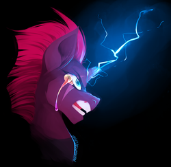 Size: 2576x2503 | Tagged: safe, artist:polkadot-creeper, tempest shadow, pony, unicorn, g4, my little pony: the movie, broken horn, crying, female, high res, horn, lightning, rage, rainbow (song), solo
