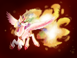 Size: 1200x896 | Tagged: dead source, safe, artist:emuuanne, daybreaker, princess celestia, alicorn, pony, g4, catasterism, daybreak celestia, fire, flying, grin, mane of fire, smiling, transformation