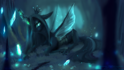 Size: 2500x1406 | Tagged: safe, artist:vincher, queen chrysalis, changeling, changeling queen, g4, crystal, female, glowing, glowing horn, horn, solo