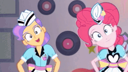 Size: 600x338 | Tagged: safe, screencap, pinkie pie, sunny sugarsocks, tip top, coinky-dink world, equestria girls, g4, my little pony equestria girls: summertime shorts, animated, dancing, diner uniform, doo wop, female, gif, looking at you, milkshake malt, server pinkie pie, sweet snacks cafe, trio, trio female, waitress