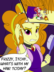 Size: 768x1024 | Tagged: safe, artist:lordhonk, adagio dazzle, oc, oc:peppermint pattie, equestria girls, g4, my little pony equestria girls: rainbow rocks, campfire, camping, equestria girls-ified, food, frizzy hair, hair, hairbrush, inside hair, itchy, macro, marshmallow, micro, scalp, scratching, speech bubble, tent, zoomed in