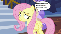 Size: 1280x720 | Tagged: safe, edit, edited screencap, screencap, fluttershy, every little thing she does, g4, season 6, female, fiducia compellia, flutterhigh, high, shrunken pupils, solo, speech bubble, stairs, text, twilight's castle