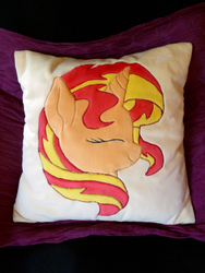 Size: 3240x4320 | Tagged: safe, artist:haselwoelfchen, sunset shimmer, pony, unicorn, g4, craft, cute, eyes closed, female, irl, mare, photo, pillow, shimmerbetes, smiling, solo