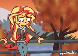 Size: 1378x999 | Tagged: safe, artist:psychodiamondstar, sunset shimmer, equestria girls, g4, autumn, clothes, coat, female, hoodie, leaning, pants, smiling, solo, sunset shimmer day, sweater, tree